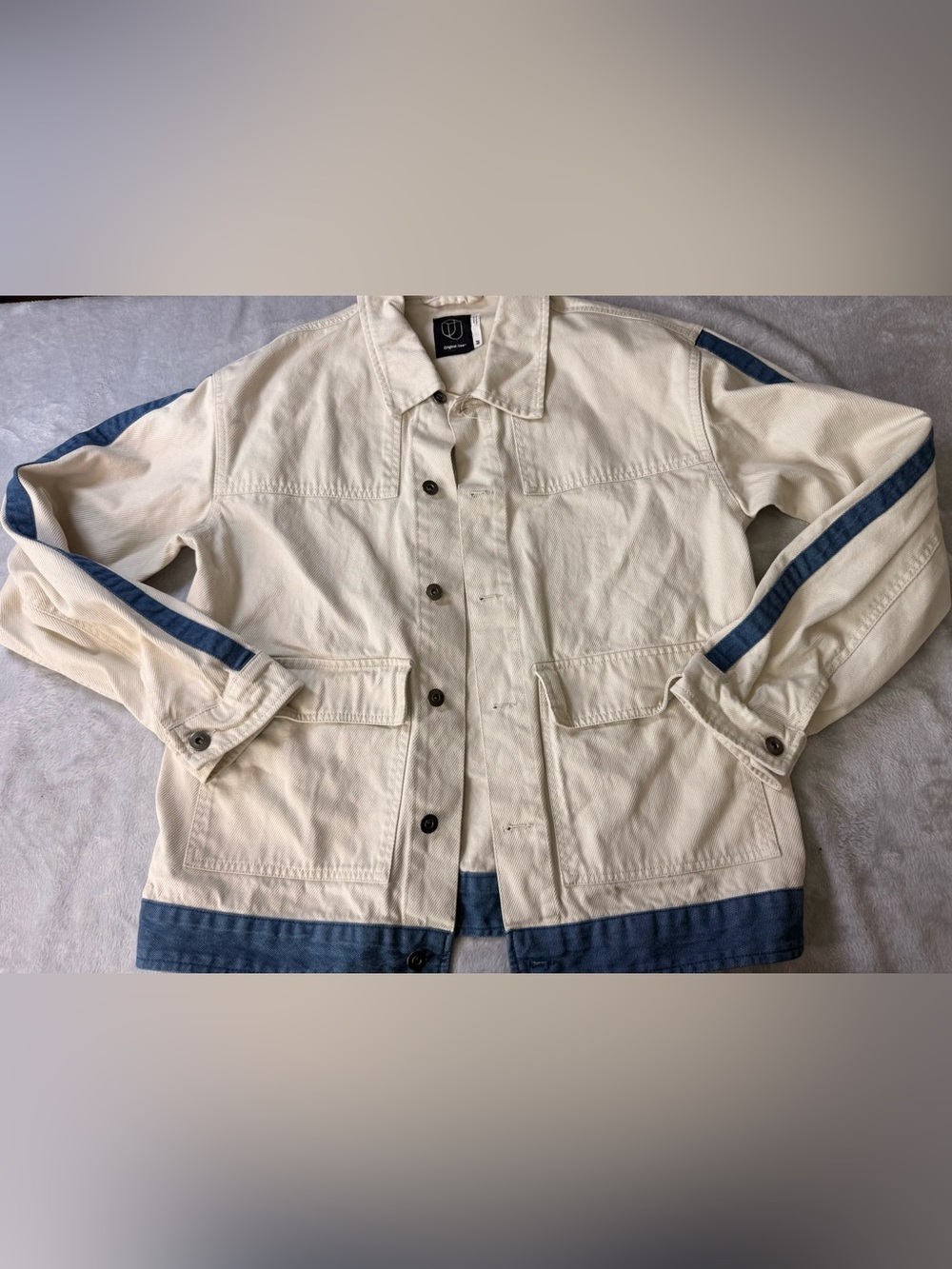 Cream Denim Jacket with Blue Trim